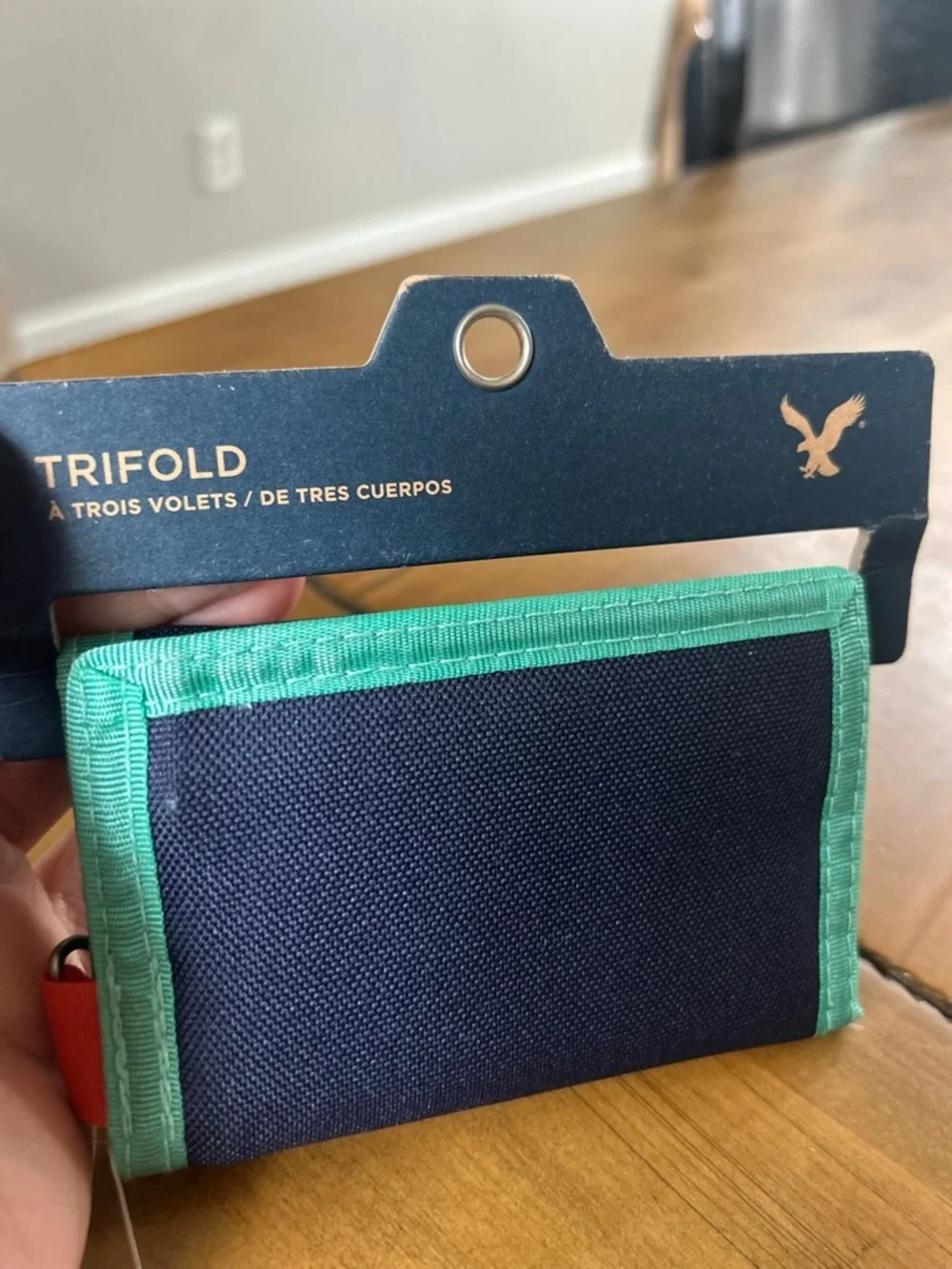 NWT AEO Navy Trifold Wallet with Mint Trim
